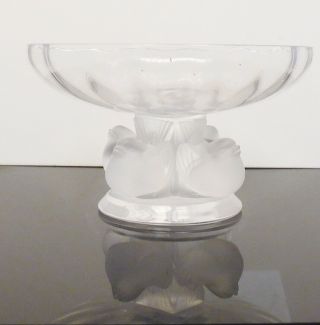 Signed Lalique Nogent Bowl Sparrow Birds Crystal Pedestal