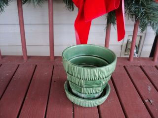 Vintage Mccoy Pottery 5 " Basketweave Flower Pot Green Signed Mccoy Usa