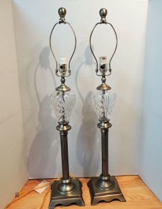 Waterford Crystal Buffet Lamp Pair Harps Finials - - 34 1/2 " Total Height
