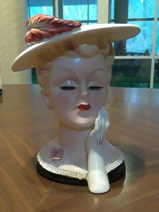Vintage Lady Head Vase Planter,  Lefton 2359,  Red Feather Pink Rose