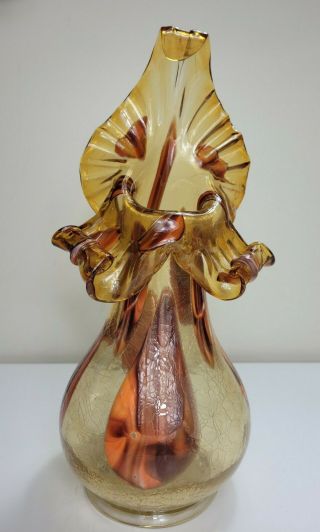 E Zareh Signed Art Glass 16.  5 " Vase Jack In The Pulpit Amber Brown Orange Crackl