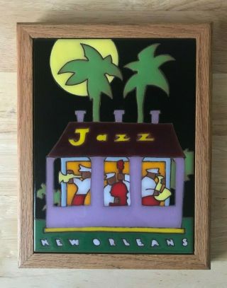 Orleans Jazz Wood Framed Art Pottery Tile - Vguc