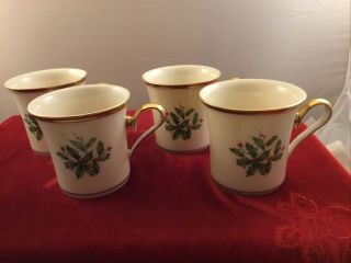 4 Vintage Lenox Holiday Christmas Coffee Tea Cups Holly/berry With Gold Trim