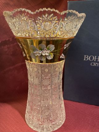 Vintage 12 " Bohemian Crystal Vase.  Gold & Flower Accents.  Gorgeous