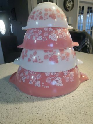 Pyrex Nesting Mixing Bowl Set 441 442 443 444 Pink Gooseberry Cinderella