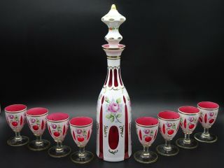 Czech Bohemian Cranberry To White Cased Glass Decanter And Eight Goblets