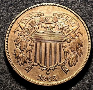 1865 2 Cent Piece 2c Fs - 301 Plain 5 Type Coin Au - Unc Rpd 1865/1865 Nr
