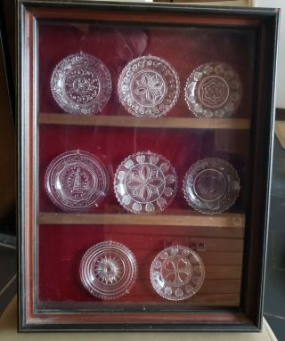 Early American Lacy Flint Glass Cup Plates & Pairpoint In Shadow Box Frame