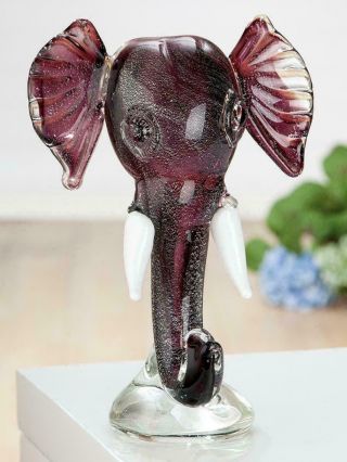 Magnificent Murano Art Glass Elephant Head Sculpture Purple/silver & Label