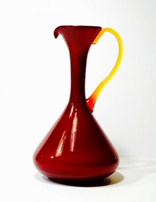 Italian 1960’s Murano Long Neck Mid Century Modern Red Cased Art Glass Pitcher