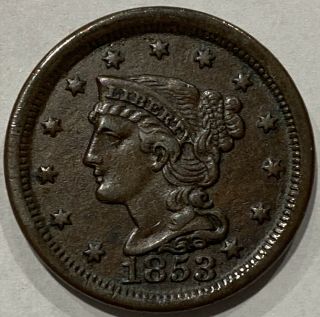 1853 Braided Hair Large Cent.  Chocolate Brown Xf/au