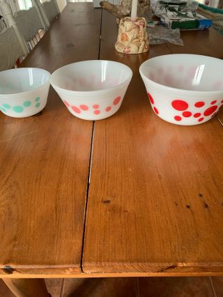 Vintage Federal Milk Glass Polka Dot Bowls Red,  Pink,  Aqua Set Of 3