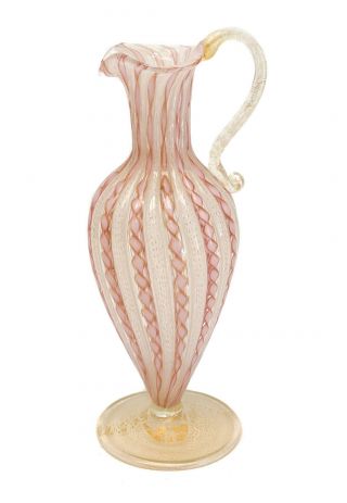 Venetian Pink & White Art Glass Gold Fleck Latticino Ribbon Ewer