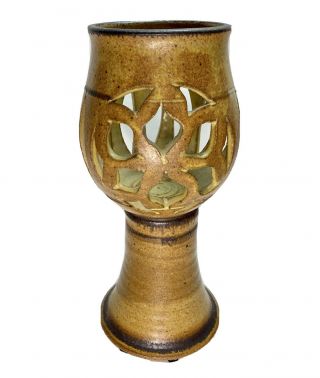 Vtg 10 " Tall Studio Art Pottery Goblet Vase Candle Holder Cut Out Hand Thrown