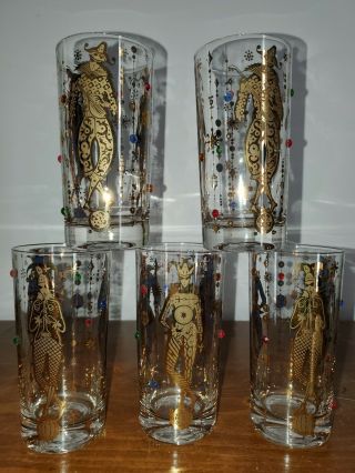 Culver Harlequin Jester 22k Jeweled Mid Century High Ball Glasses Set Of Five