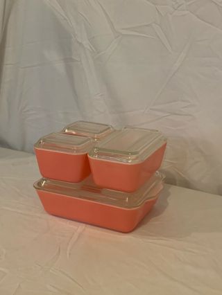Pyrex Pink Glass Refrigerator Set 8 Piece Casserole Dish Lids 503 502 501’s 1