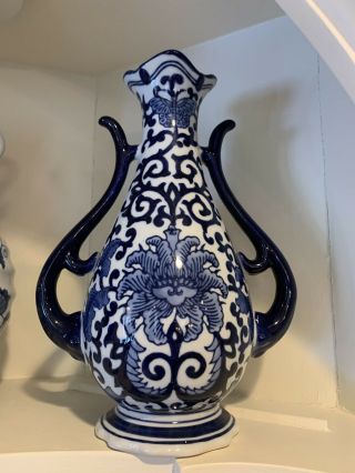 Blue And White Seymour Mann Vase Fine Chinese Porcelain 12”x8” W/blue Handles