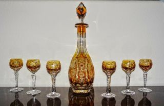 Nachtmann Yellow Amber Cut - To - Clear Crystal 12 " Decanter W/ 6 Cordial Glasses