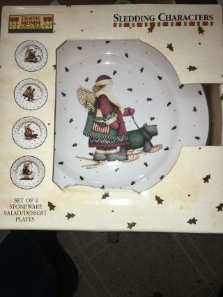 Nib Sakura Debbie Mumm Sledding Characters Salad Plate Set Of 4 Christmas