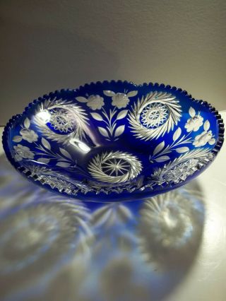 Large Cobalt Blue Cut To Clear Bowl Scalloped Saw Tooth 11.  5 " Bohemian Exc Cond