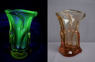Czech Bohemian Skrdlovice Jan Beranek Amber Uranium Vaseline Glass 9 "