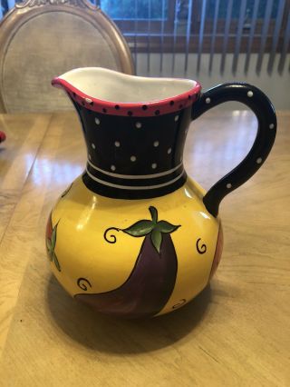 Vintage Hand Painted Italy: Ceramic Pitcher,  Eggplant - Pepper - Tomato - Peas