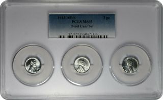 1943 D,  P,  S 1c Lincoln Steel Wheat Cent Pcgs Ms 65 Three Coin Set Tri - Holder