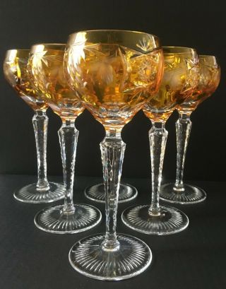 Set Of Six Nachtmann 6 7/8 " Cut To Clear Traube Amber/gold Crystal Wine Glasses