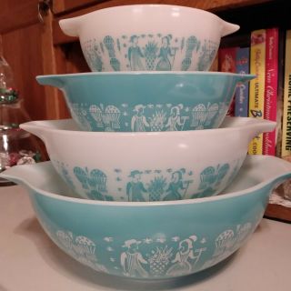 Pyrex Cinderella Nesting Mixing Bowls Set 4 Amish Butterprint Turquoise Blue Euc