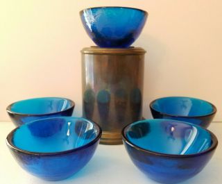 5 Blenko 1958 - 1961 Sandblasted Mark Cobalt Blue Color Art Glass Bowls 5 - 3/4 "