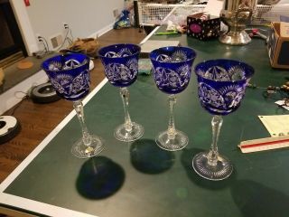 4 German Echt Bleikristall Bohemian Wine Glass Cut To Clear Crystal To Blue