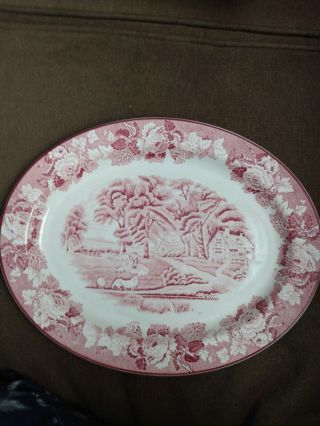 Enoch Woods English Scenery Pink/red Oval Serving Platter 12 " Farm Scene