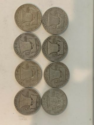 8 Total 1951 - S Ben Franklin Silver Half Dollars 90 Silver