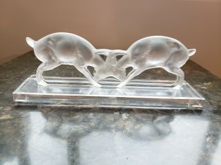 Large Lalique Crystal " Deux Chevres " Sculpture Of Rams Butting Heads