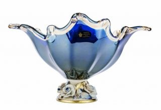 Murano Glass Vase Fruit Bowl Centerpiece & Capodimonte Porcelain Flowers - Blue