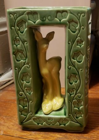 Vintage Shawnee Pottery Green Double Stem Vase W/ Yellow Deer " 850 " Usa