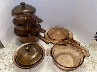 11 Pc Visions Visionware Corning Ware Amber Glass Cookware - Saucepans Skillets