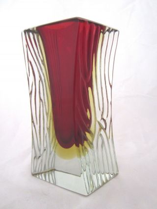 Mandruzzato Textured & Faceted Murano Ruby Red & Amber Art Glass Block Vase