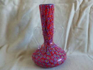 Murano Fratelli Toso Venetian Glass Millefiori Red Shelf Vase Italy Hand Blown