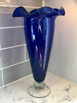 Modern Tall Footed Cobalt Blue Sommerso Hand Blown Art Glass Ruffled Edge Vase