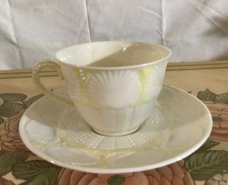 Vintage Beleek Ireland Seashell Cup & Saucer No.  0857 White & Yellow
