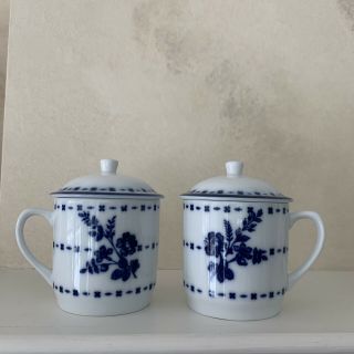2 William Sonoma Tea Cups Mugs With Lids & Saucers/bowls Flow Blue Floral Set