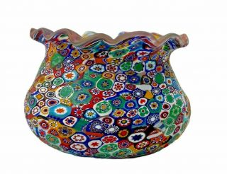 Mid Century Fratelli Toso Murano Italy Millefiori Satin Glass Ruffled Edge Bowl