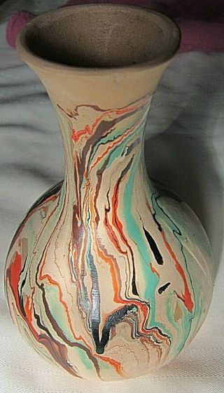 Vtg Nemadji Pottery Vase - 6 1/2 " - Moose Lake Mn - Marble Swirl - Native Clay - Marked