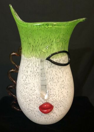 Picasso Murano Glass Style Vase Green White Red Lip Handmade Large Art