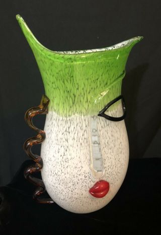 Picasso Murano Glass Style Vase Green White Red Lip Handmade Large Art 2
