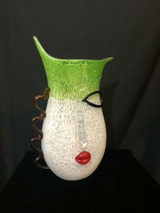 Picasso Murano Glass Style Vase Green White Red Lip Handmade Large Art 3
