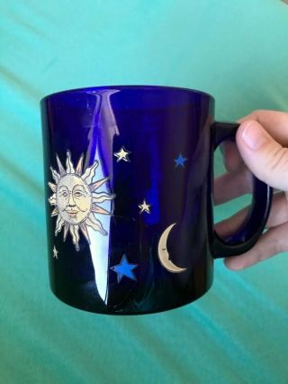 Libbey Cobalt Blue Celestial Sun Mug/ Vintage Large Sun Moon Stars Glass Coffee