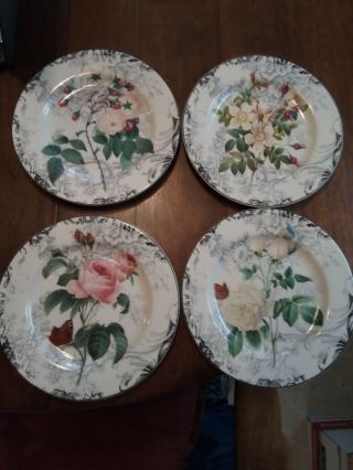 Set Of 4 American Atelier Rose Toile 5232 Porcelain Salad Luncheon Plates