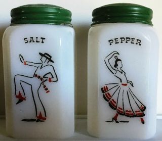 Mckee Tipp City Decorated Fiesta Large Salt & Pepper Range Shakers Set